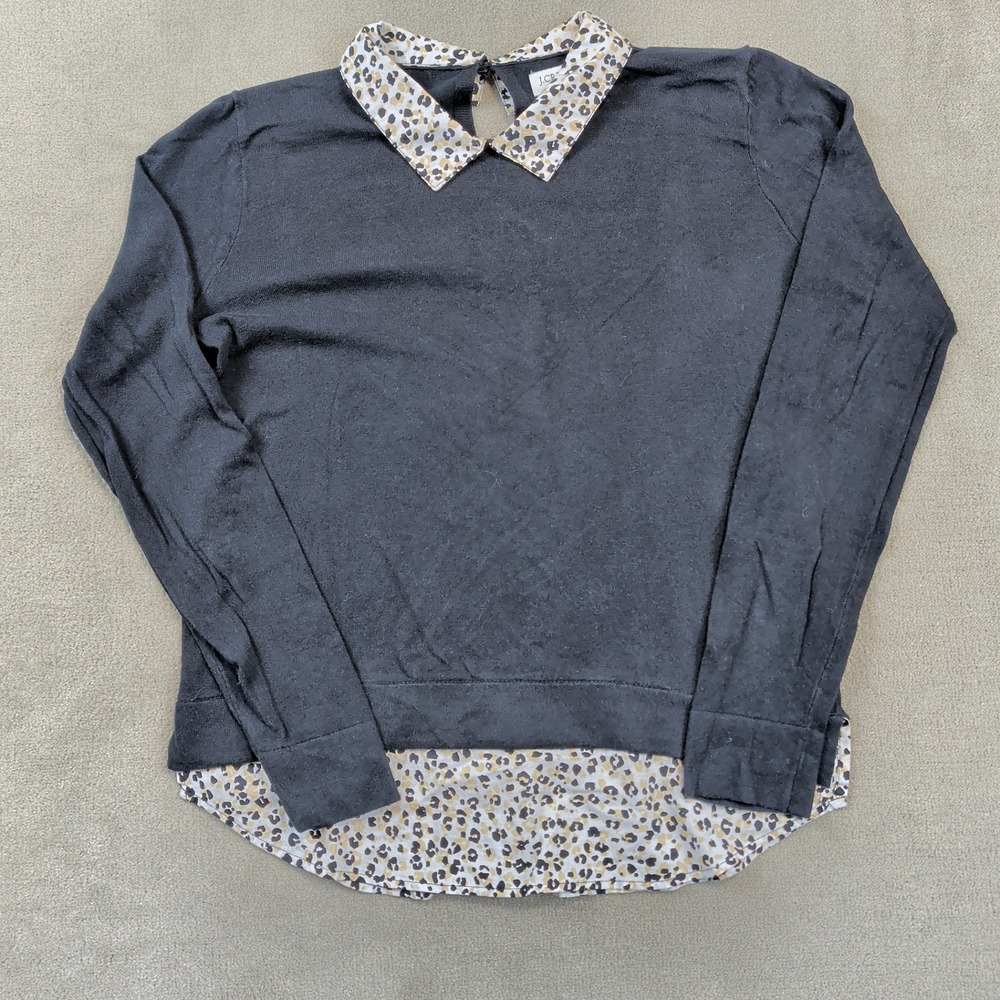 J.Crew Sweater Small Womens Black Leopard Print Mixed Media Layered Look BK558